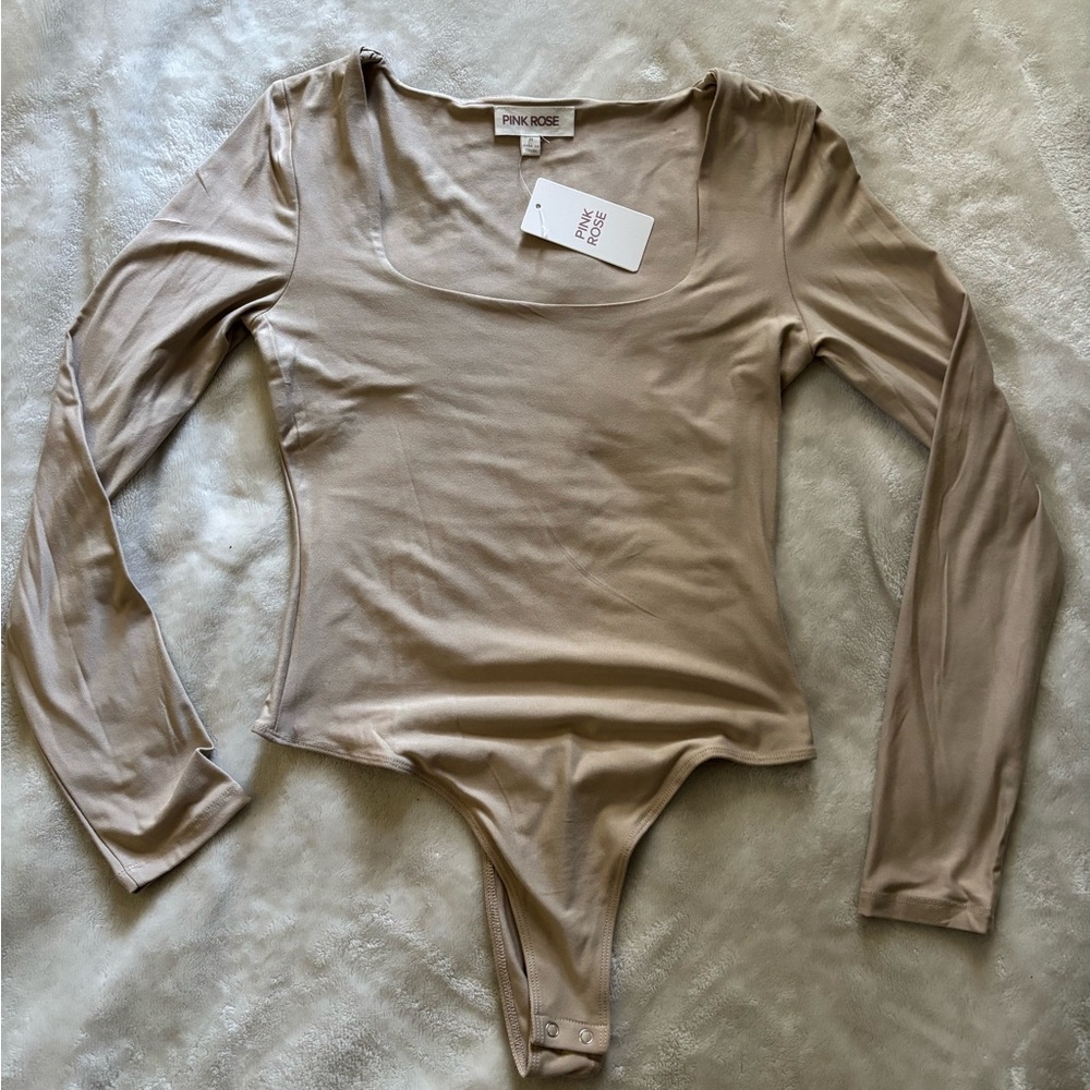 Pink Rose Women's Beige Long Sleeve Bodysuit